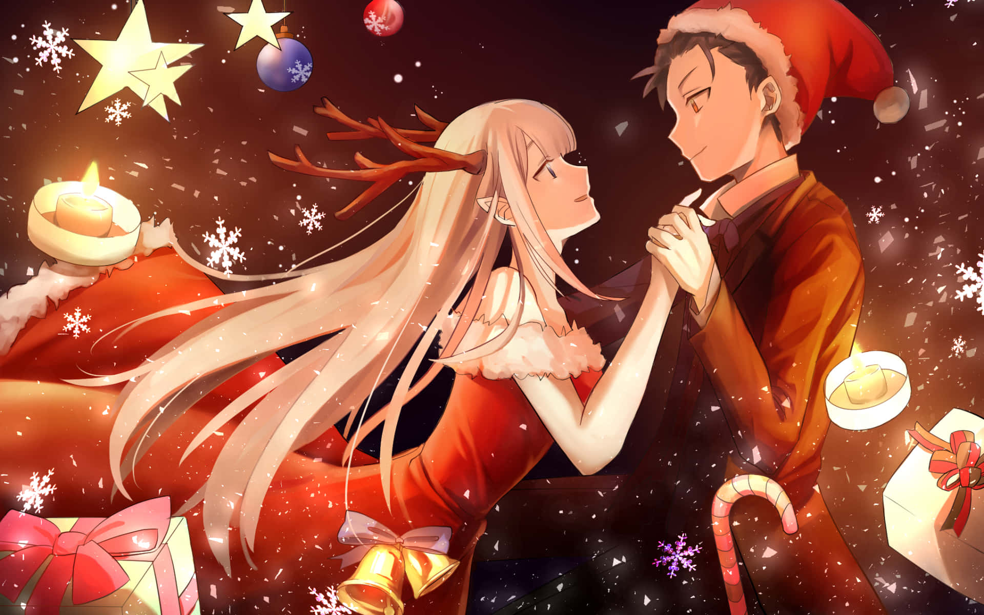 Романтична пара з аніме Re: Zero у різдвяному вбранні Шпалери