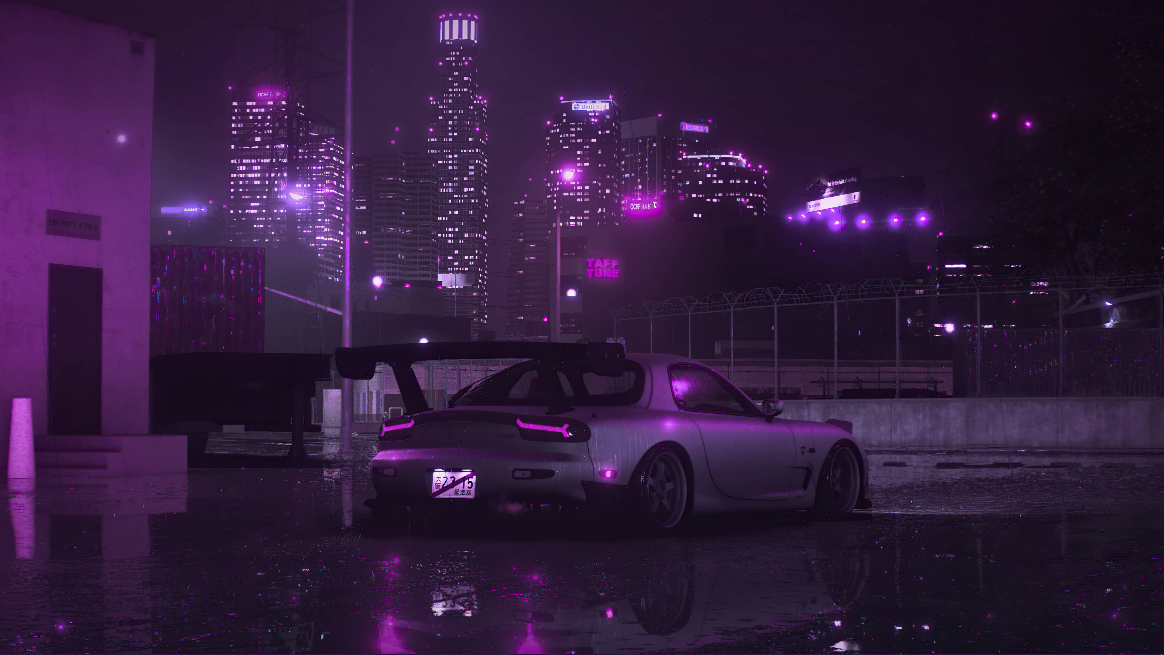 Сріблястий RX7 та фіолетове місто Шпалери