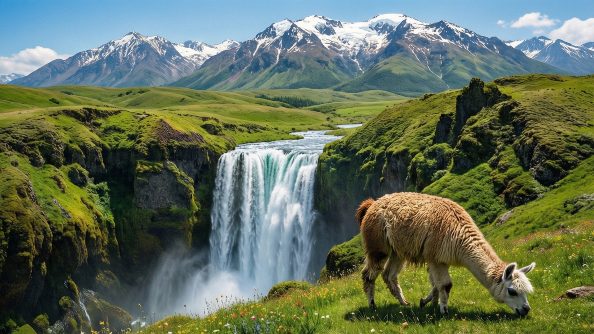 Альпійський луг з водоспадом Шпалери