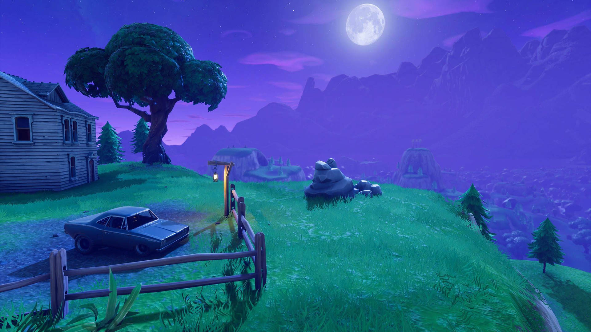 Нічний і спокійний краєвид із повним місяцем у Fortnite HD.