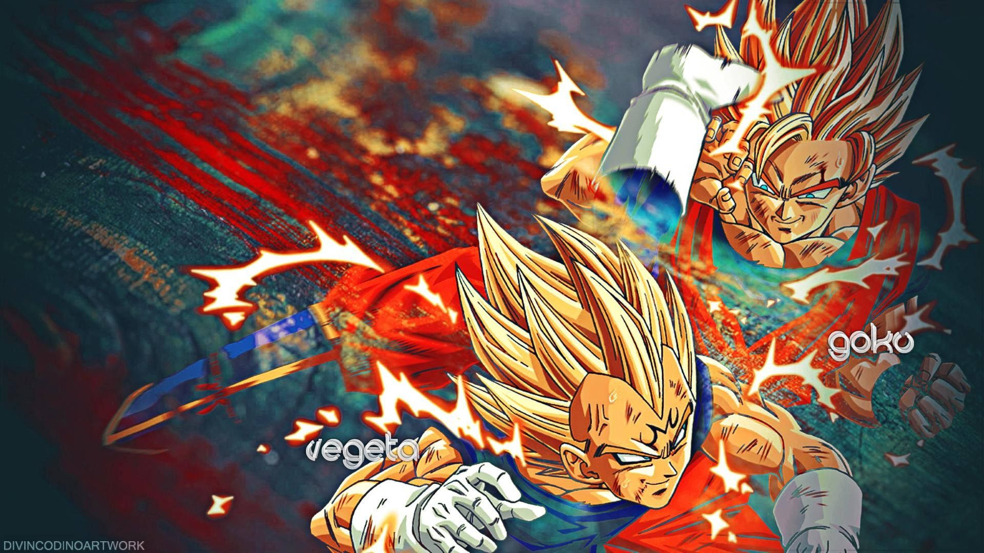 Dragon Ball Z Сан Гоку та Вегета б'ються, персонажі аніме супер саяни.