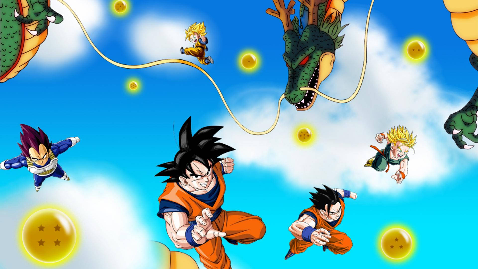 Dragon Ball Z супер Бролі Сан Гоку та Вегета з зеленим драконом Шенроном, що ширяє з кульками дракона.
