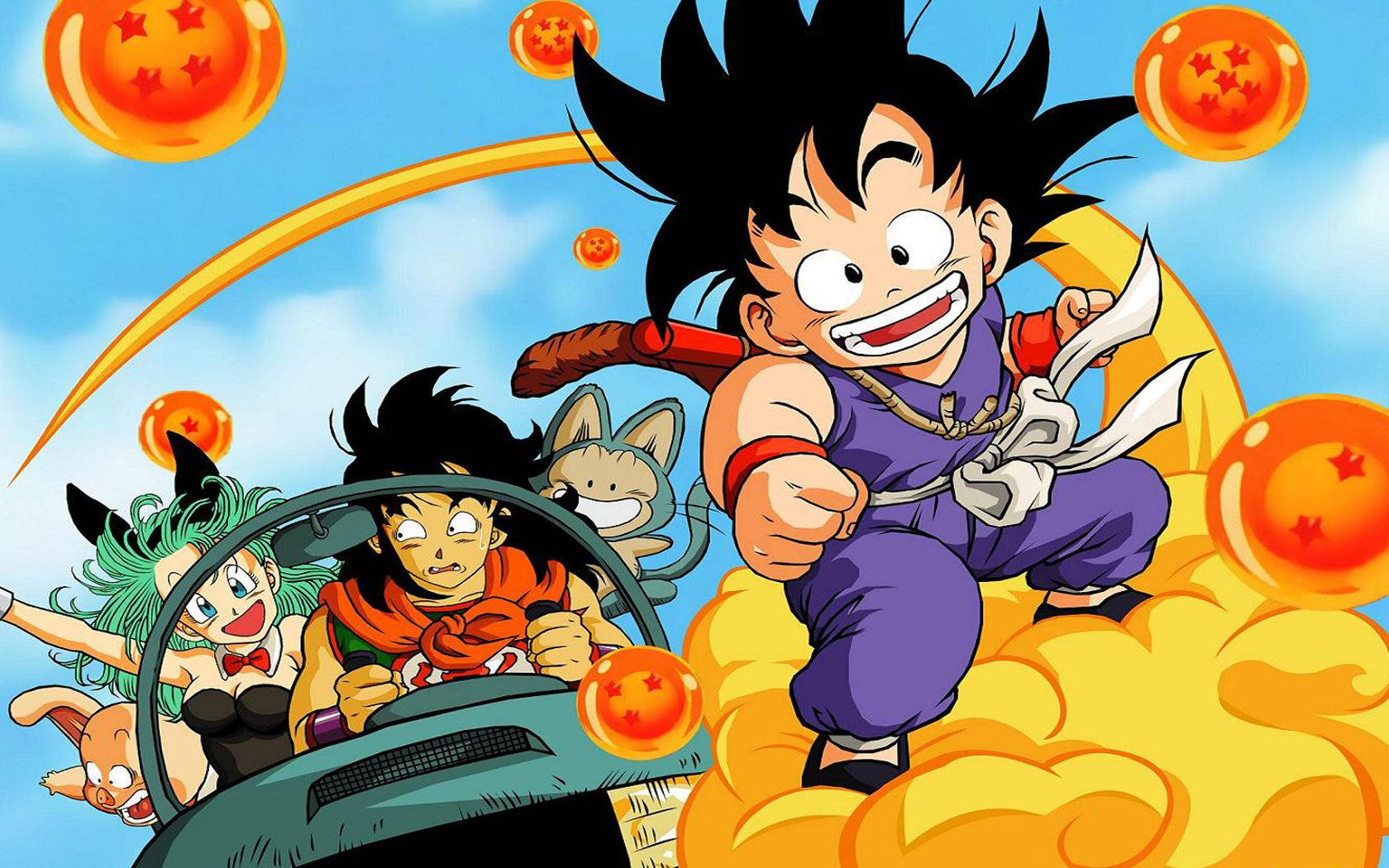 Dragon Ball Z Гохан з Марон та її чоловіком, які їдуть на машині, в той час як маленький Гохан летить на хмарі.