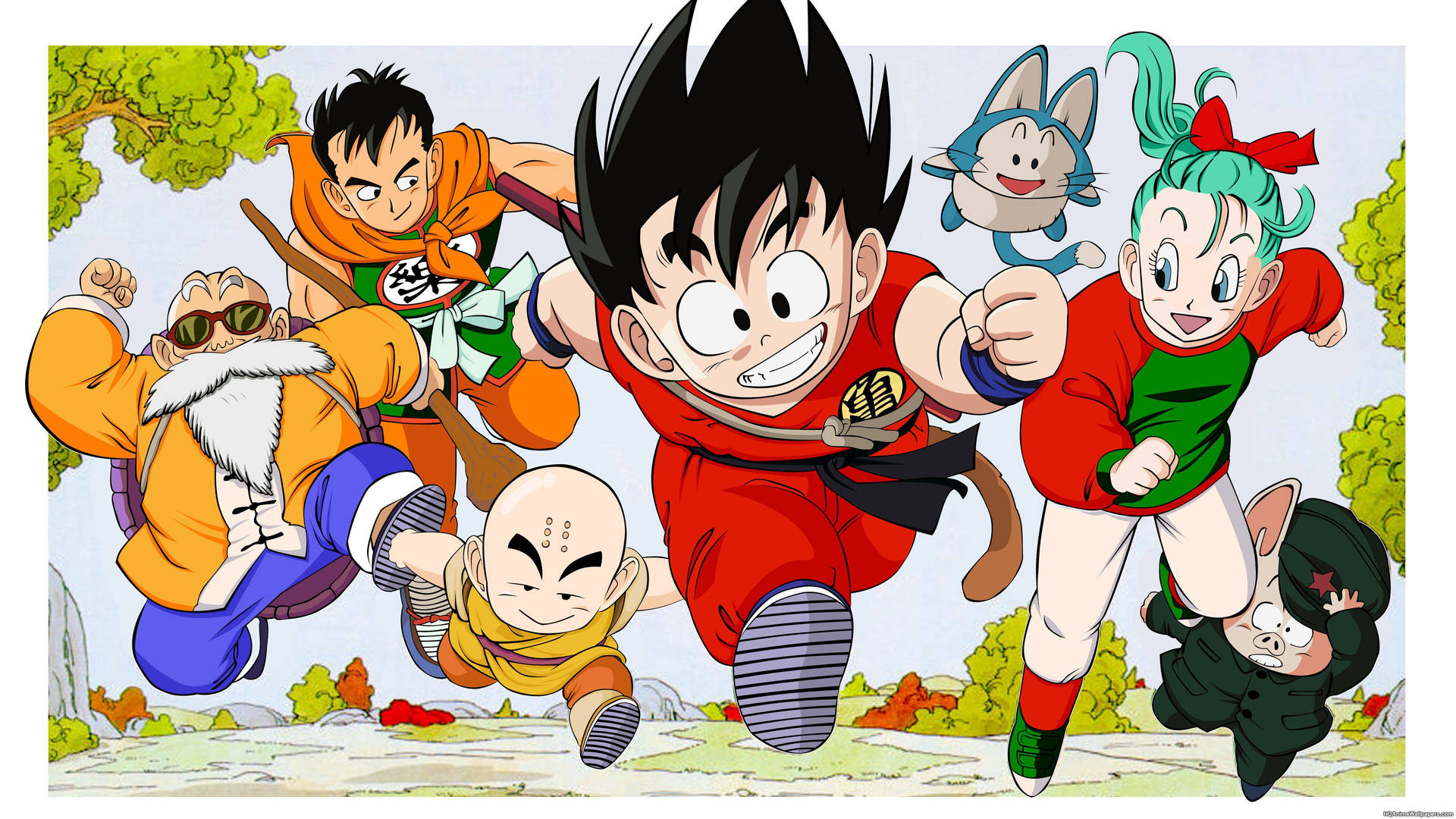 Молодий Сан Гоку та інші персонажі Dragon Ball Z біжать на планеті Намек. — Драгон бол Шпалери