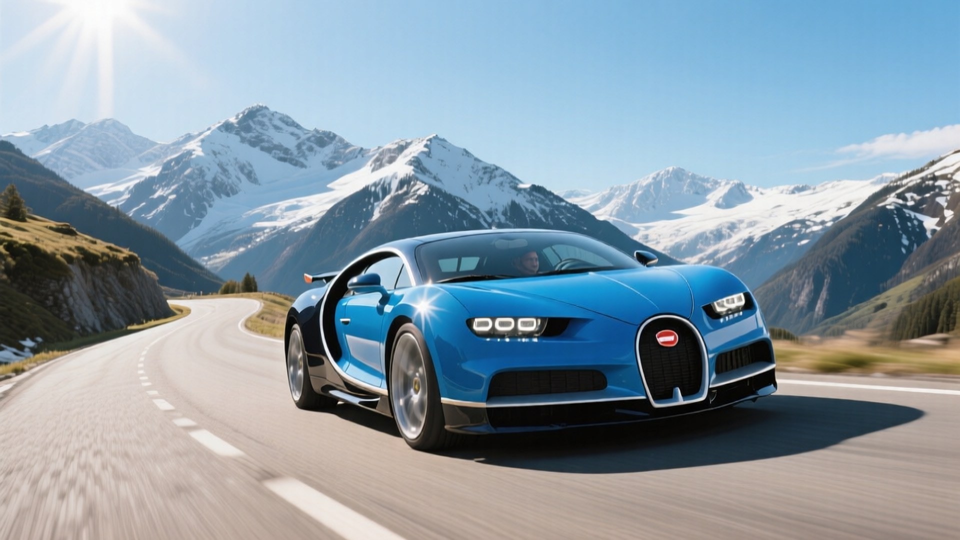 Синій Bugatti Chiron на звивистій гірській дорозі