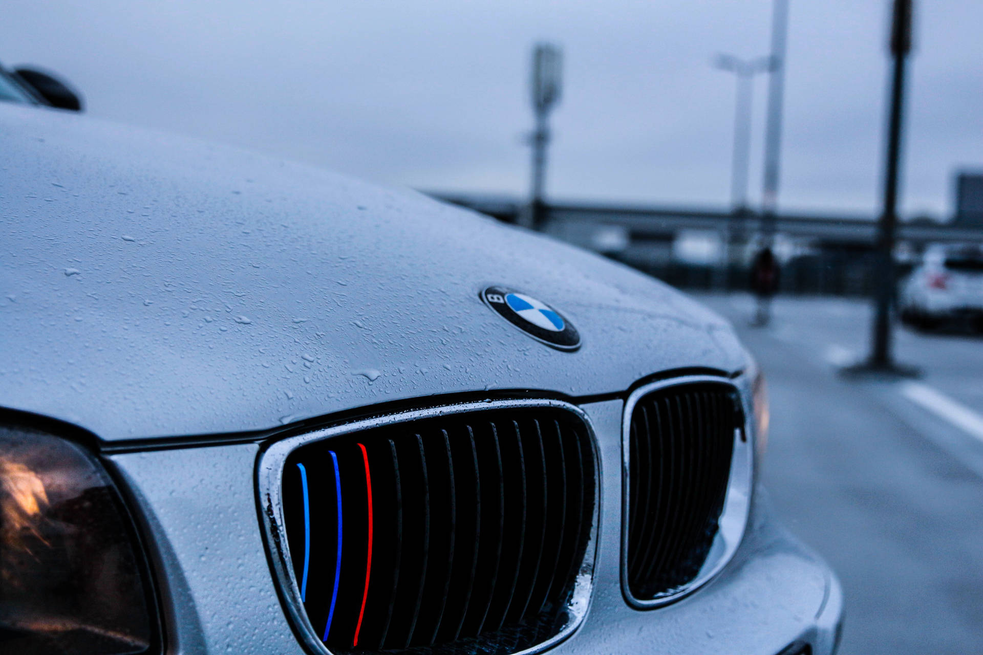 Шпалери крупним планом капота білого автомобіля BMW з краплями дощу — Bmw Шпалери