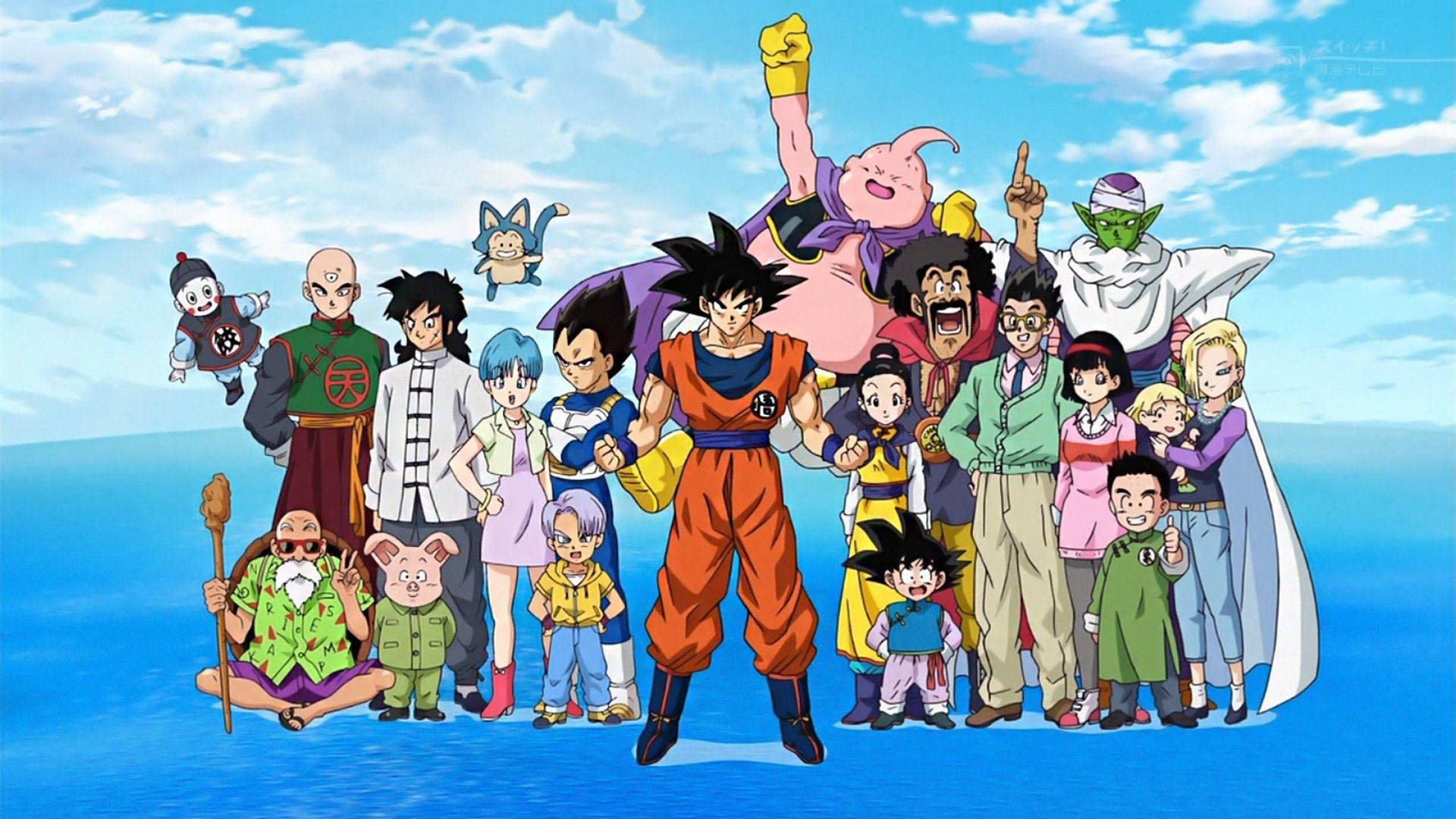 Персонажі Dragon Ball Сан Ґоку, Вегета, Маджінбуу та Пікколо, які стоять на воді.