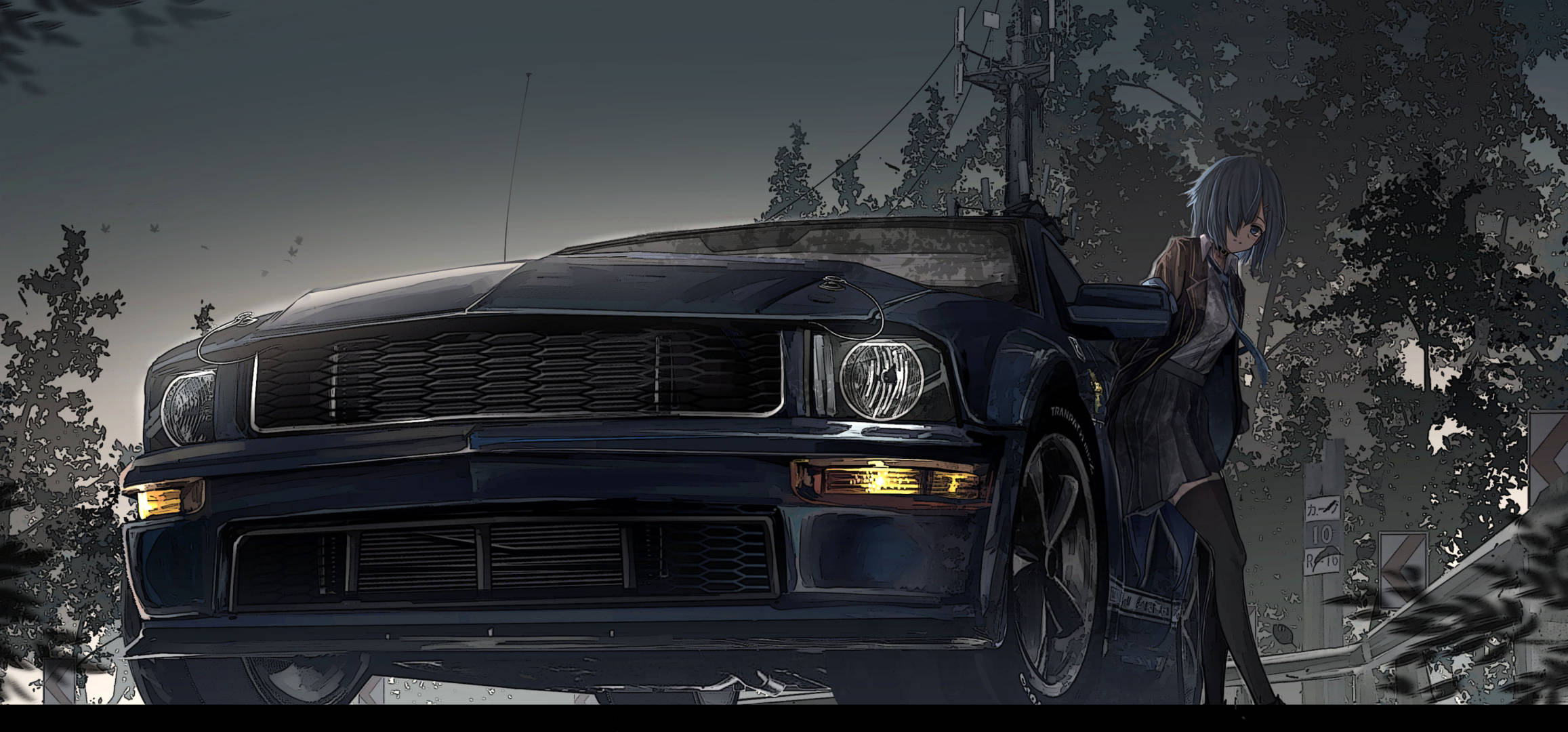 Дівчина спирається на автомобіль Mustang аніме Шпалери