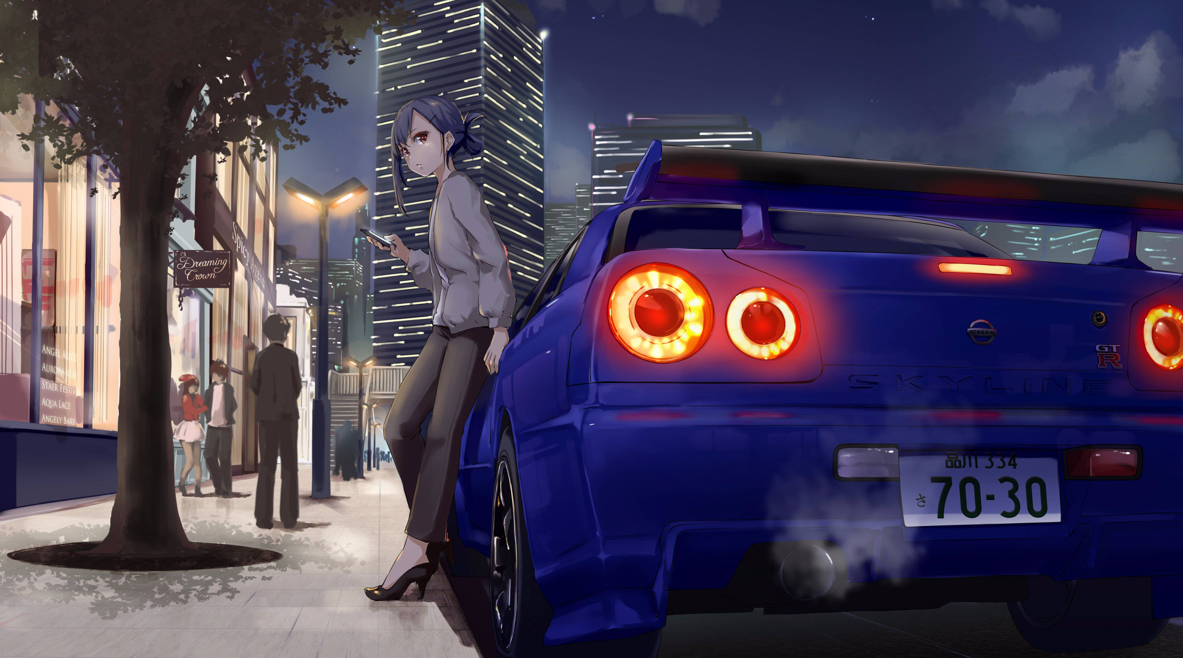 Дівчина, яка спирається на автомобіль Nissan Skyline, аніме Шпалери