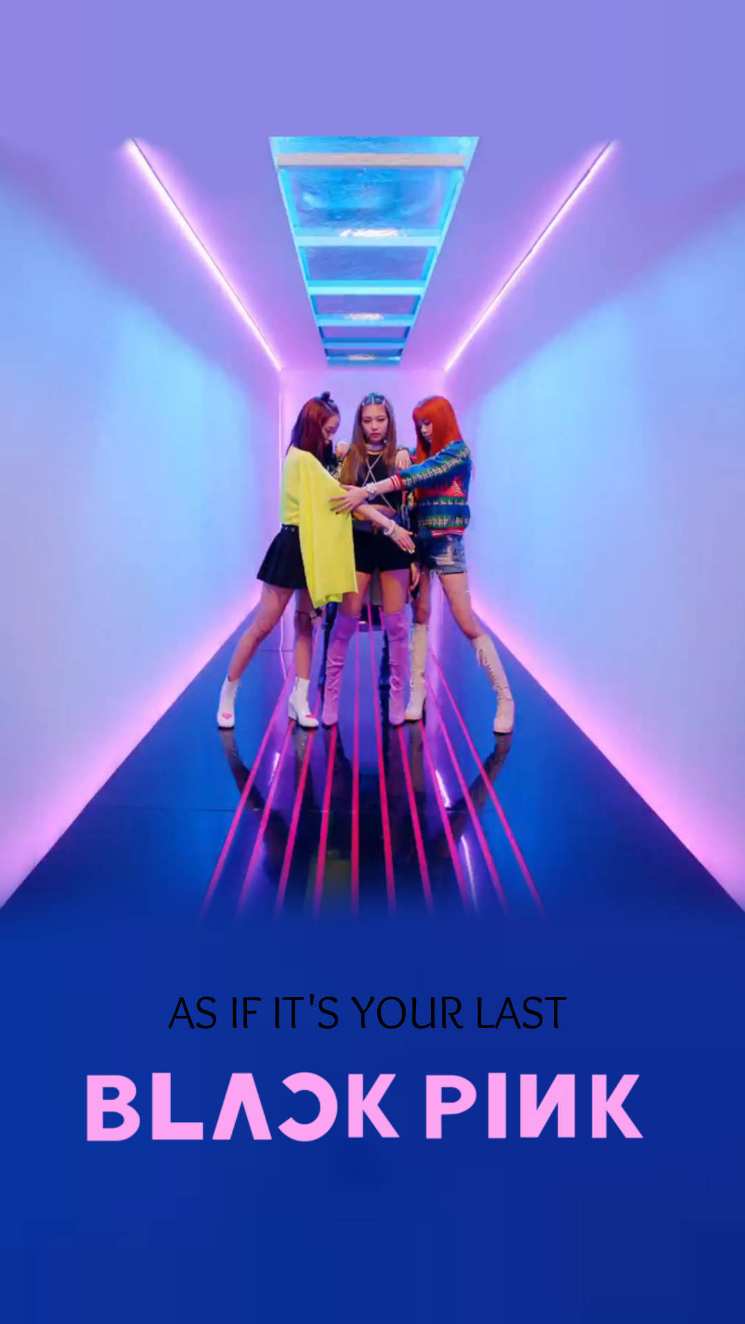 Учасниці Blackpink з неоновими вогнями та синьою підлогою для кліпу As If It's Your Last — Blackpink Шпалери