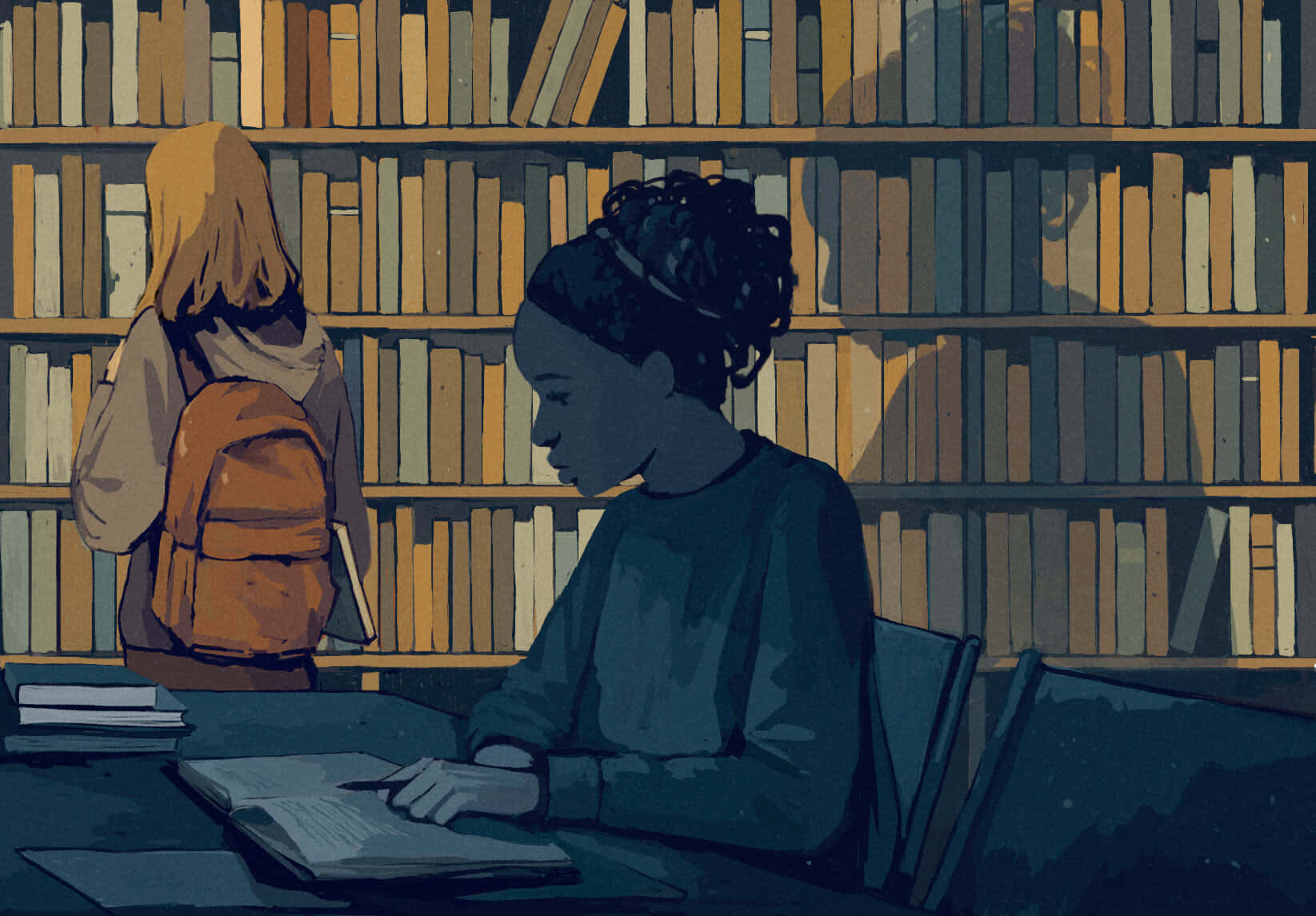 жінка сидит за столом перед книжною шафою Шпалери