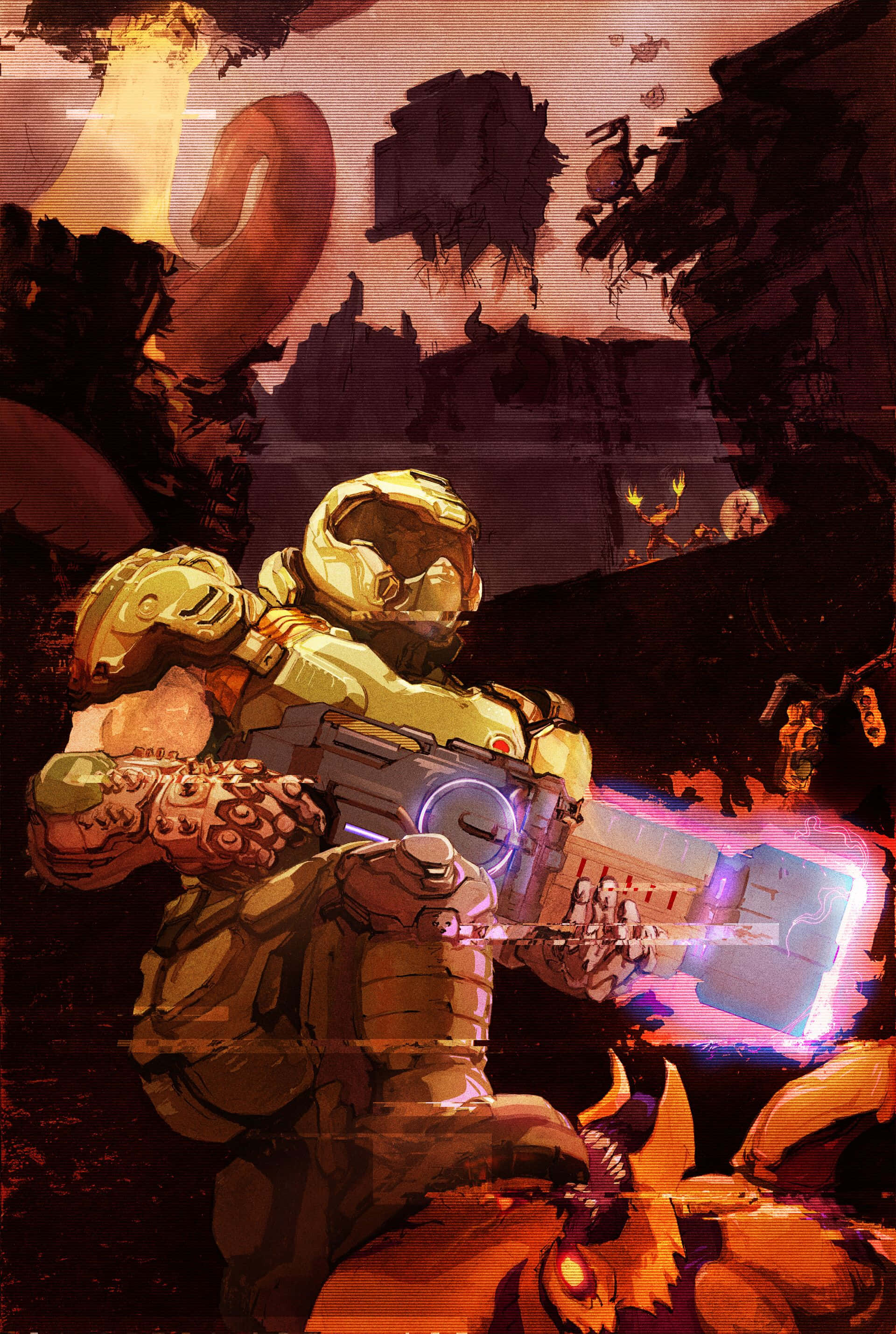 Интенсивная сцена битвы во вселенной DOOM Шпалери