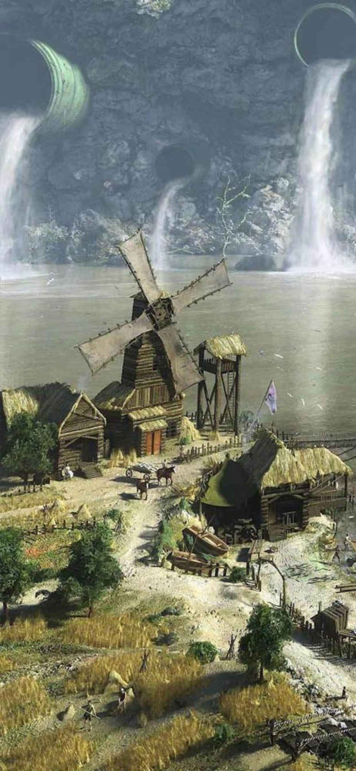 картина с вітряком и водопадом Шпалери