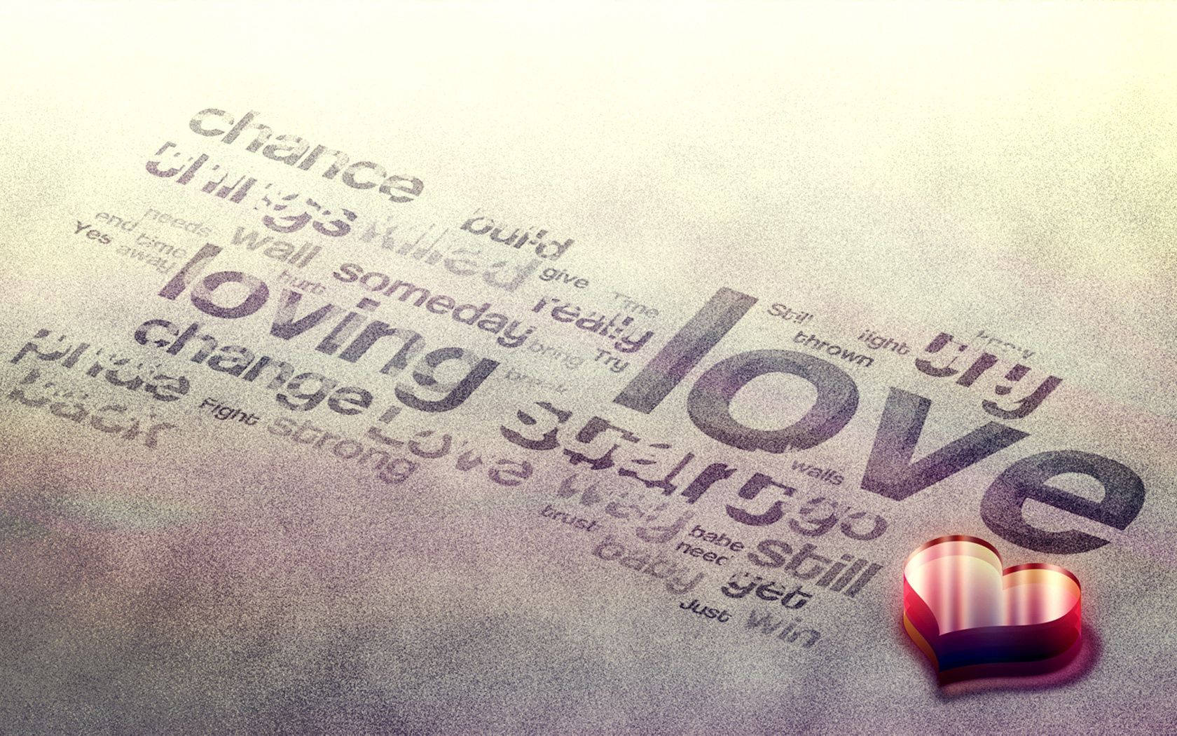 Різні слова кохання, такі як « loving », написані на сірій поверхні з блискучим червоним 3D серцем збоку. — Кохання Шпалери