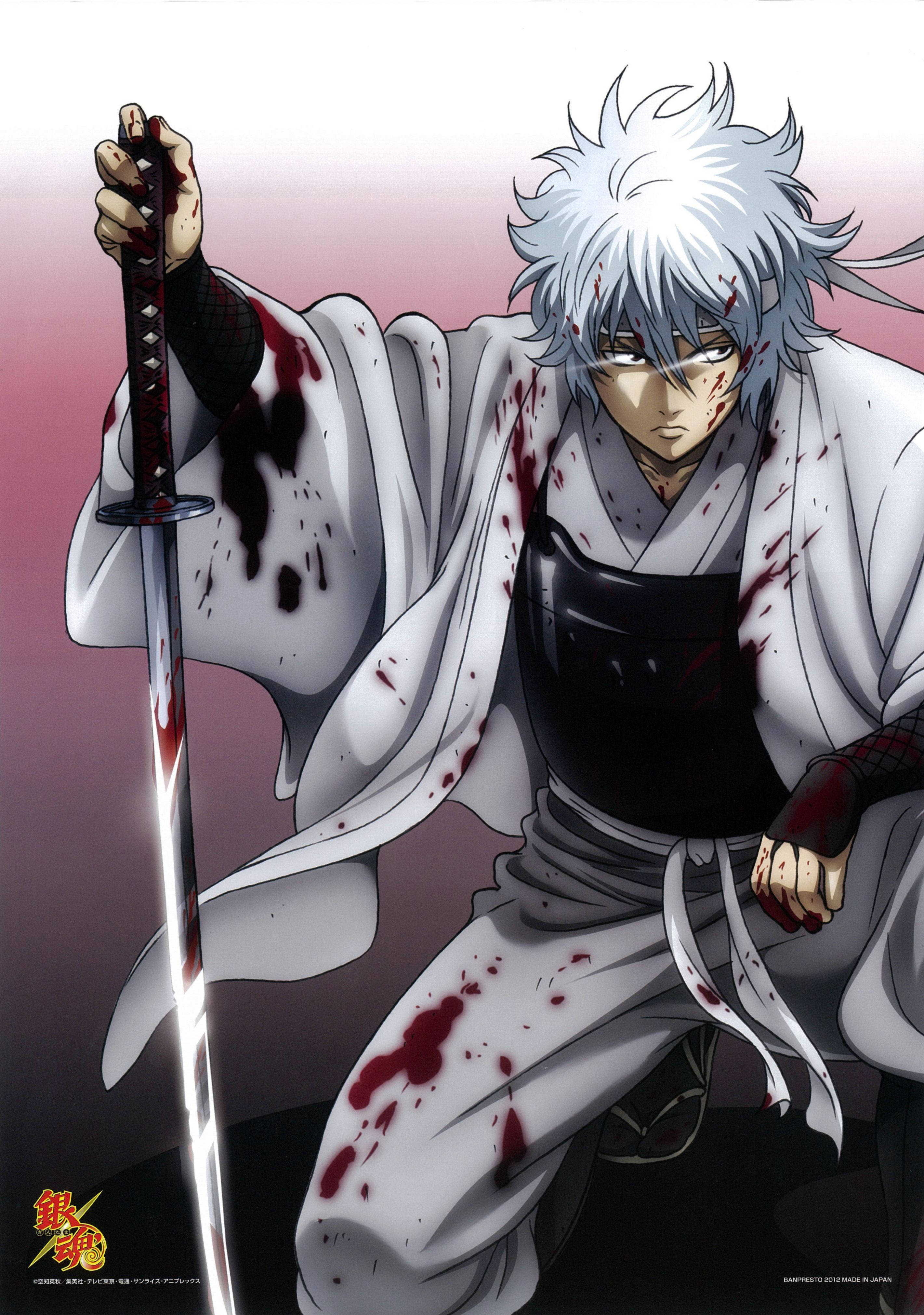 Gintama Кровавый Гинтоки наполовину на коленях Шпалери