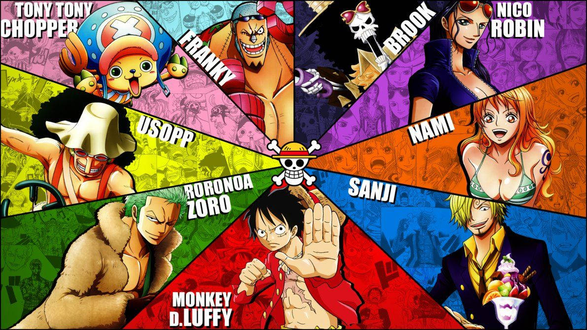 Луффі та решта команди піратів Солом'яного капелюха у шпалерах One Piece кольорового кола