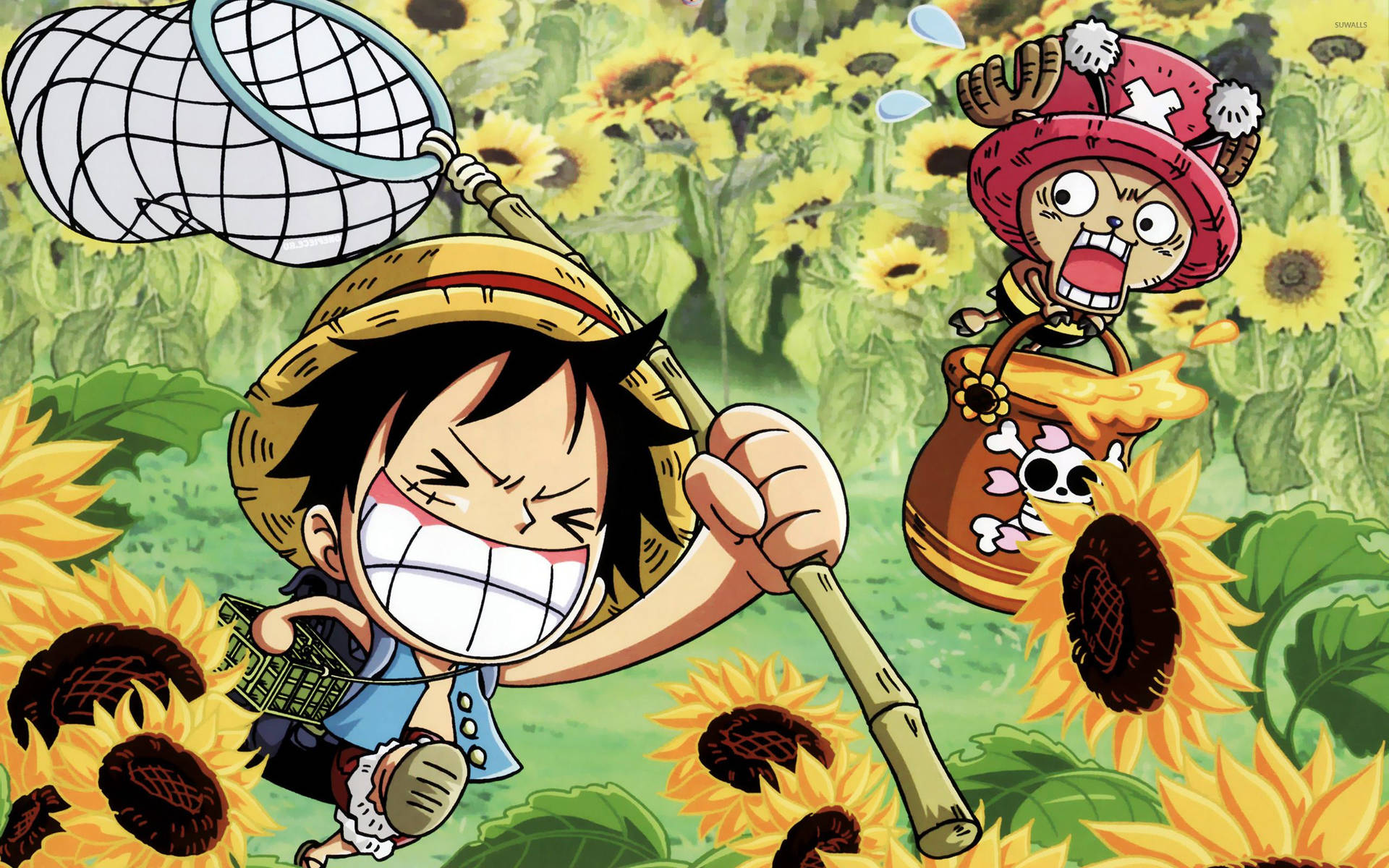 Шпалери One Piece з Луффі та Чоппером на соняшниковому полі.
