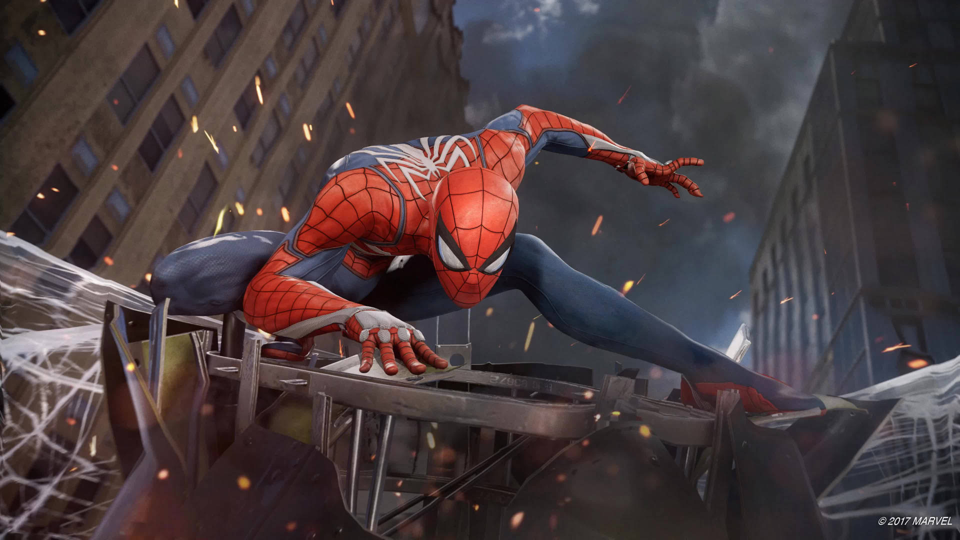 Супергерої Marvel Людина-павук у дії, на полі бою зі зруйнованим містом. — Людина-павук Шпалери