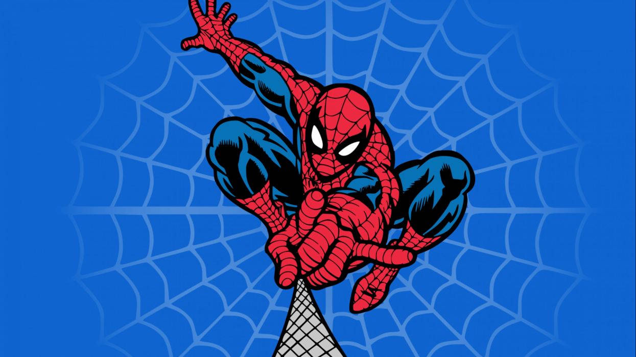 Людина-павук випускає павутину на блакитному фоні, комікси Marvel Superhero