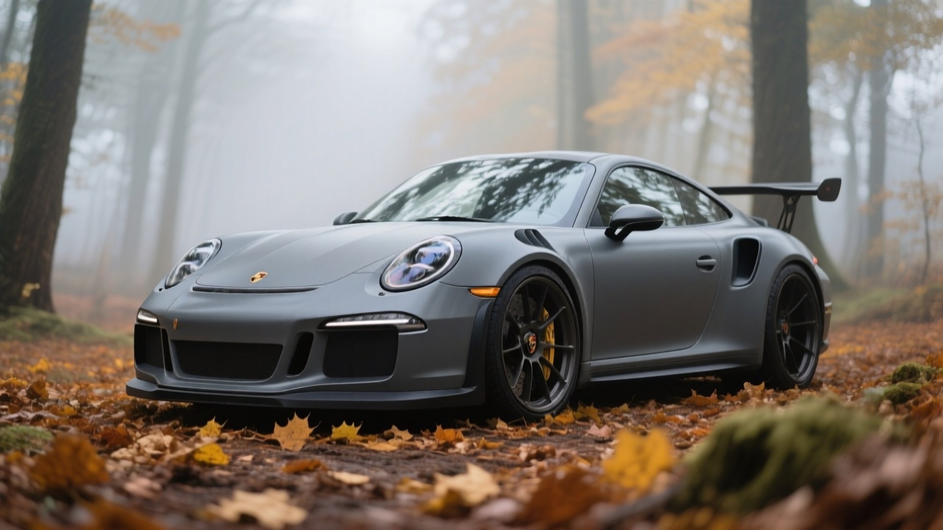 Матово-сірий Porsche 911 GT3 RS в осінньому лісі