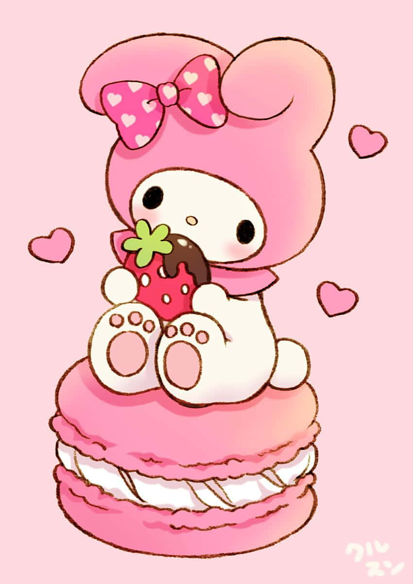Мила My Melody їсть полуницю на макаруні