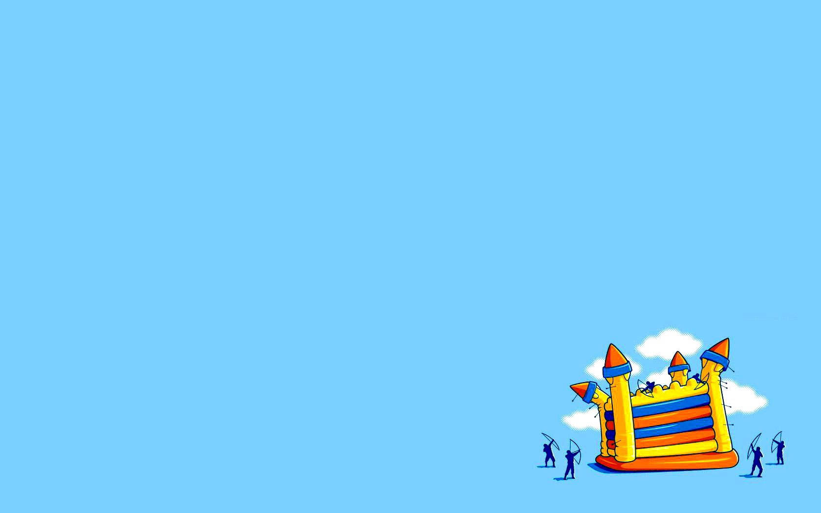 Милий багатобарвний мінімалістичний мультяшний замок на однотонному блакитному тлі.
