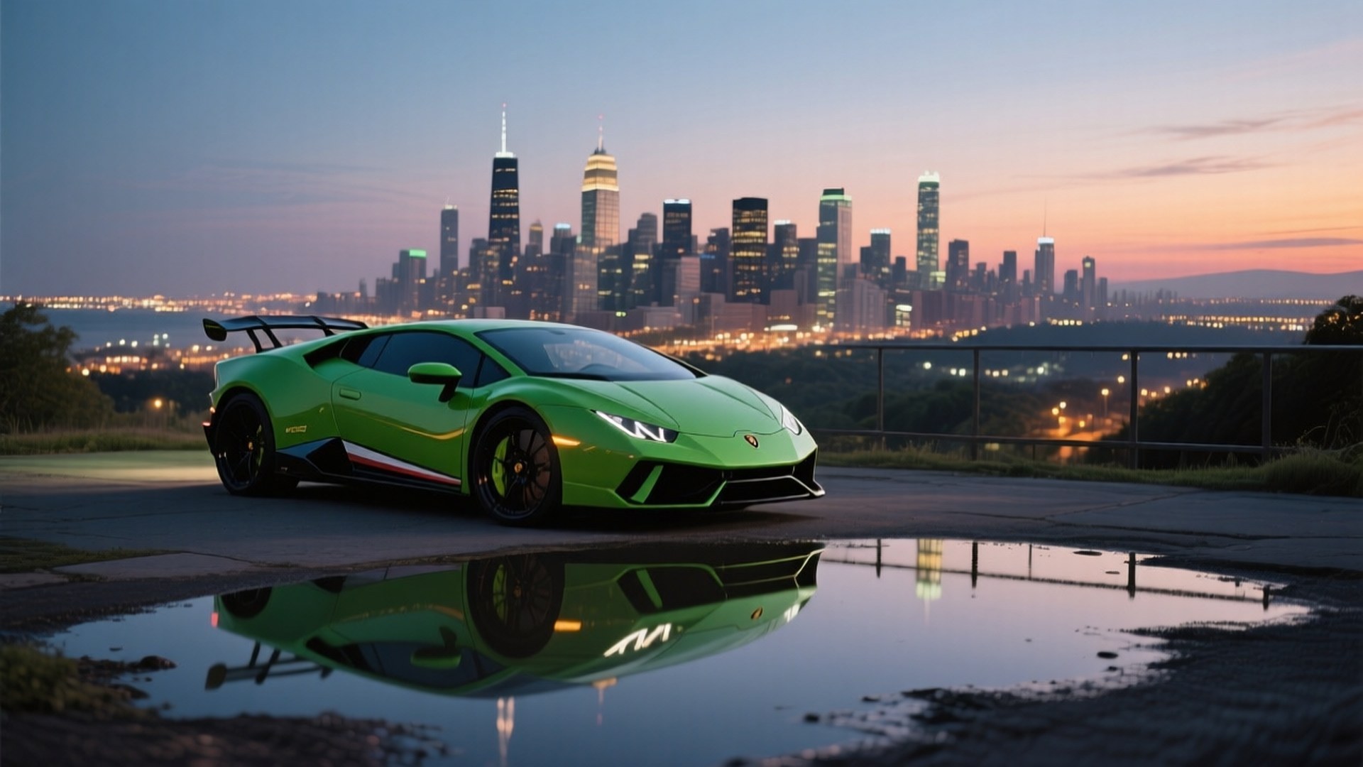Зелений Lamborghini Huracán на тлі міста в сутінках