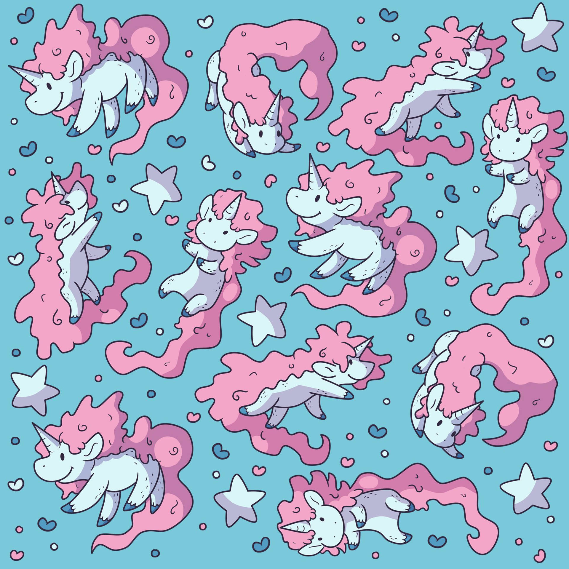 Візерунок єдинорога з супердовгим рожевим кучерявим волоссям на блакитному тлі із зірками та сердечками.