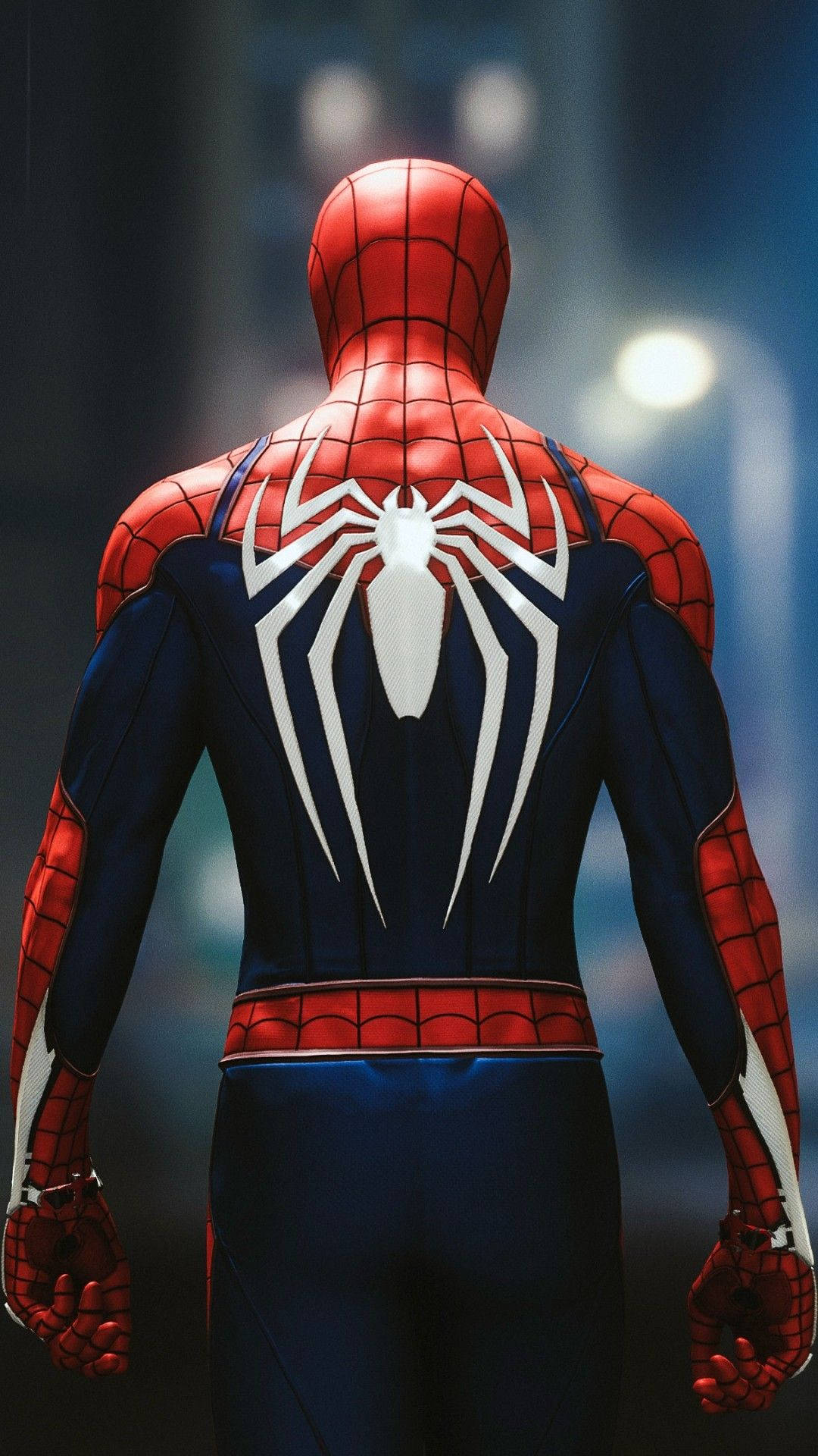 Людина-павук, супергерой Marvel, зі спини, видно білий логотип павука.