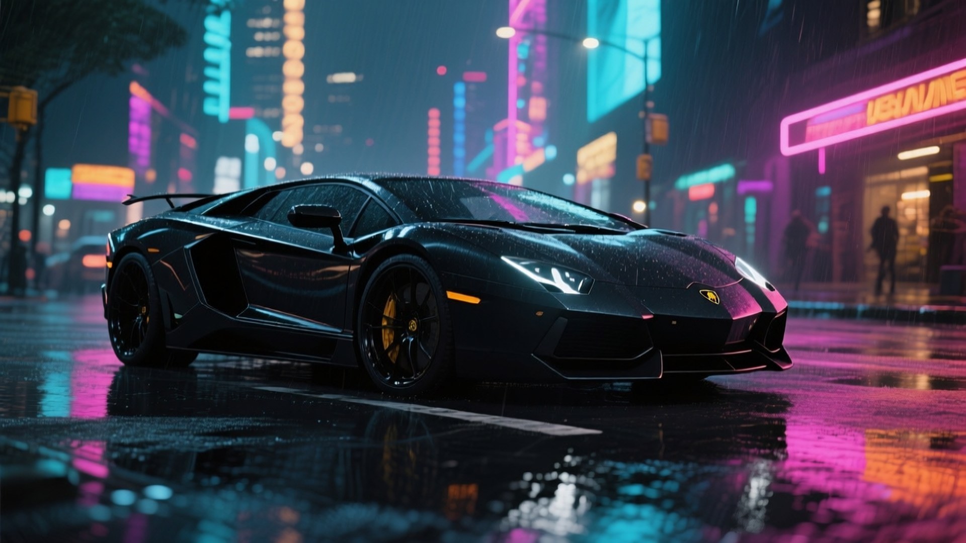 Чорний Lamborghini Aventador у неоновому нічному місті — Круті машини Шпалери