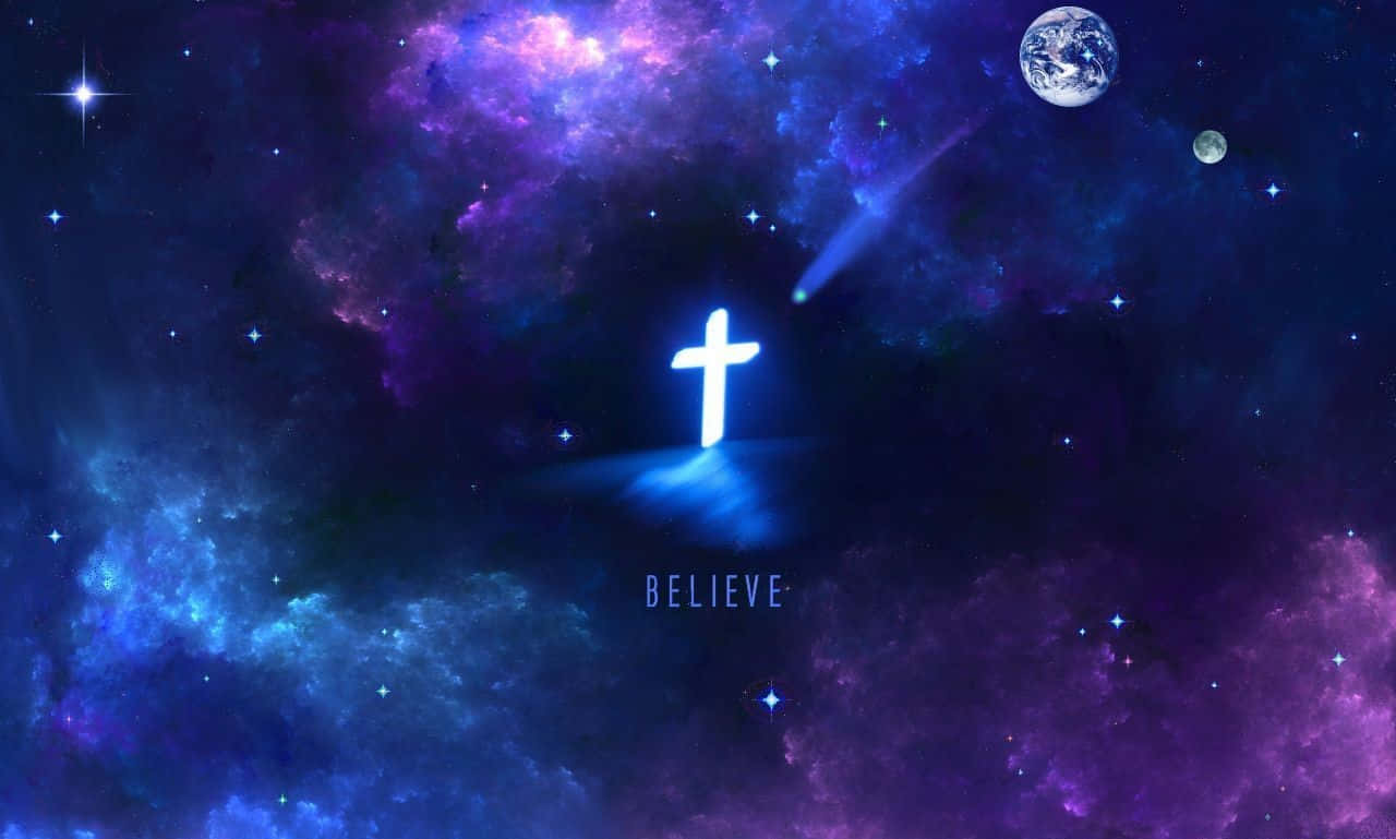 Неоновий хрест у галактиці Believe Шпалери