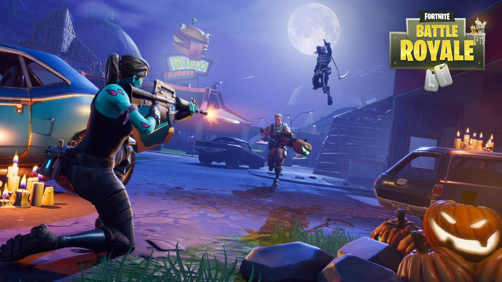 Бій вночі між трьома персонажами у Fortnite шпалери.
