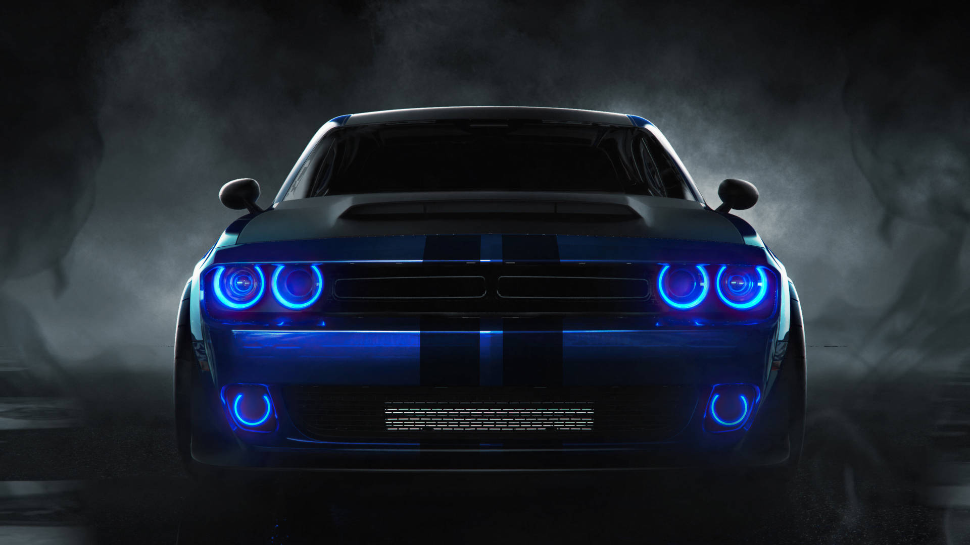 Передня частина синього Dodge Challenger 2018