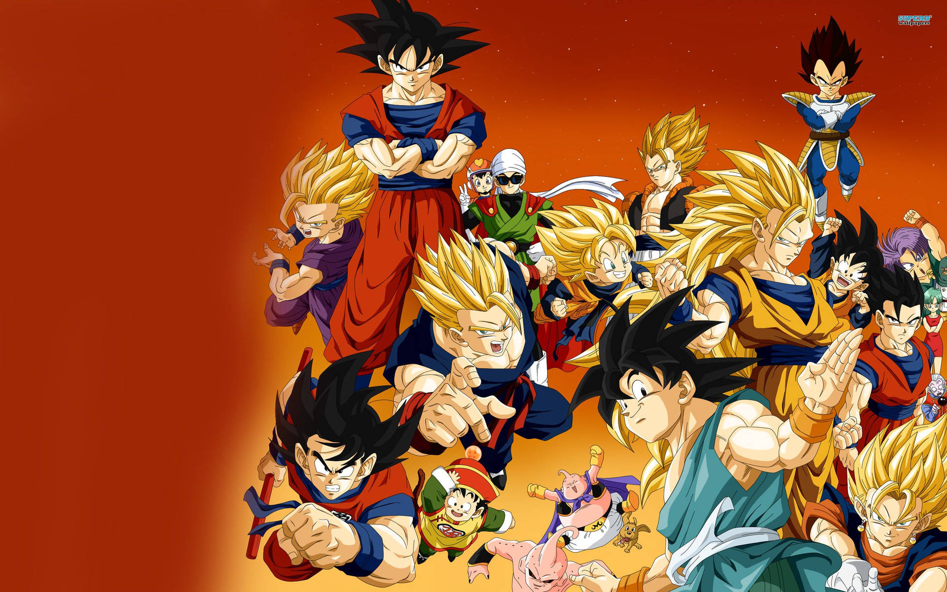 Dragon Ball Z супер саяни Сан Ґоку, Вегета, Ґохан, Ґотен та інші персонажі.