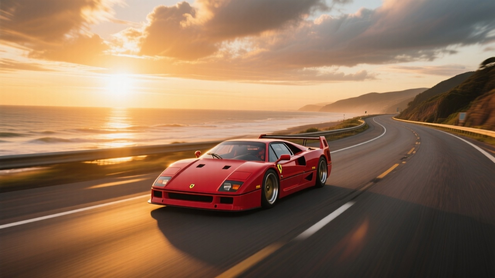 Червоний Ferrari F40 мчить по прибережному шосе на заході сонця