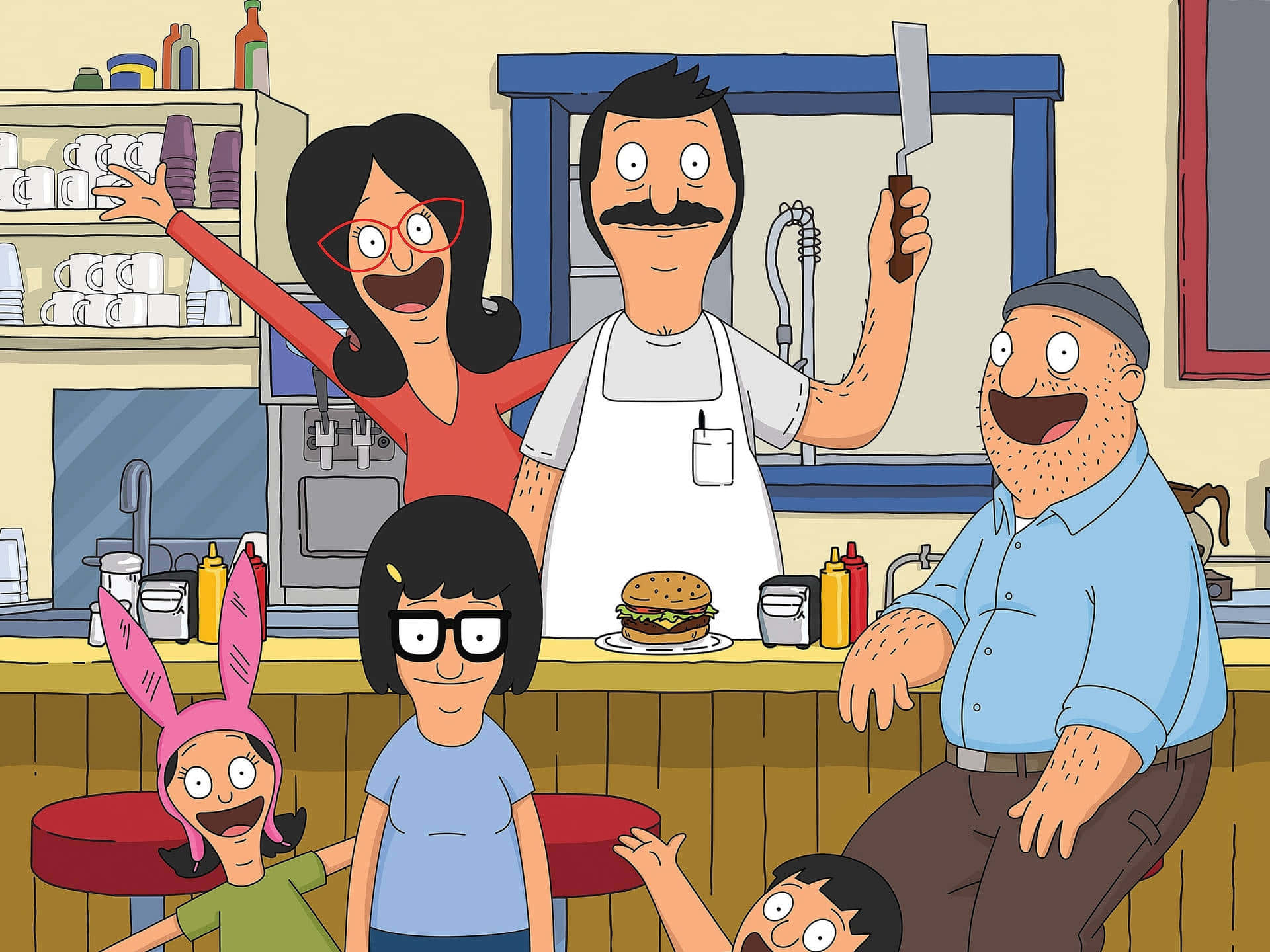 Родина Белчерів із Тедді на фоні Bob's Burgers Шпалери
