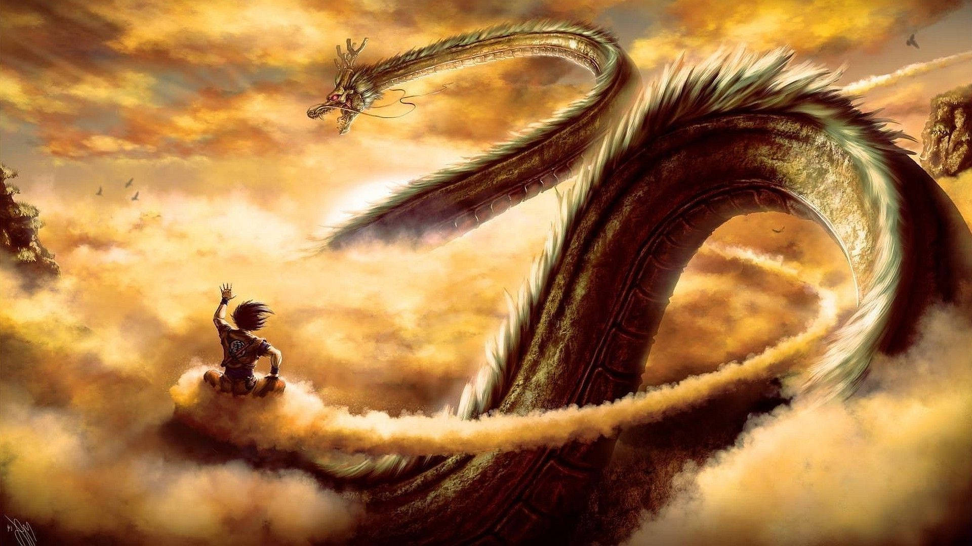 Dragon Ball Z живий справжній Шенрон, зелений дракон, з Сан Ґоку, який їде на хмарі.