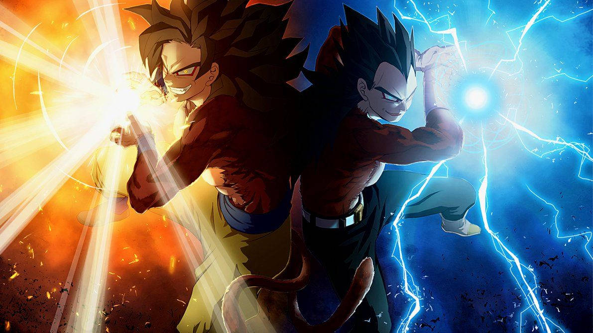 Dragon Ball Z Супер Саян Вегета, супер Бролі створює блискавки з блакитною вогняною кулею.