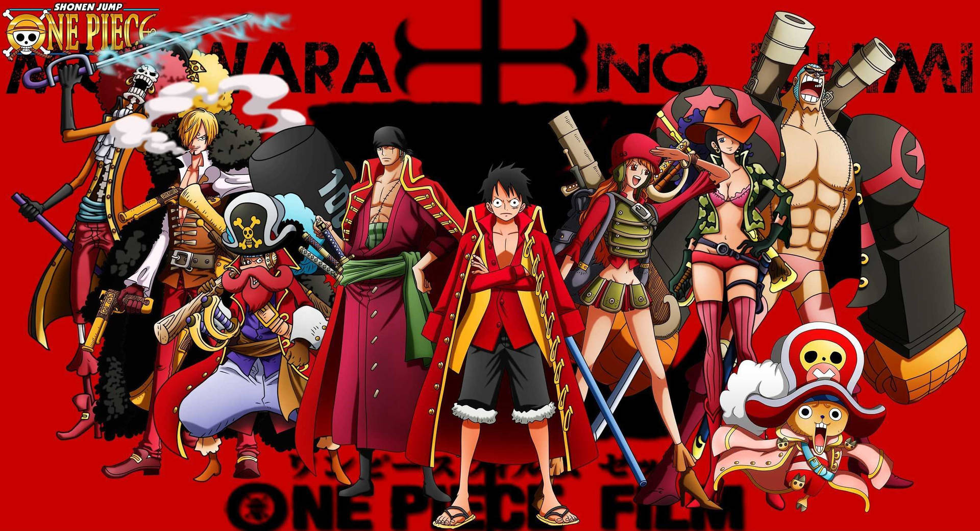 Луффі та Солом'яні Капелюхи на червоно-чорному шпалері One Piece.