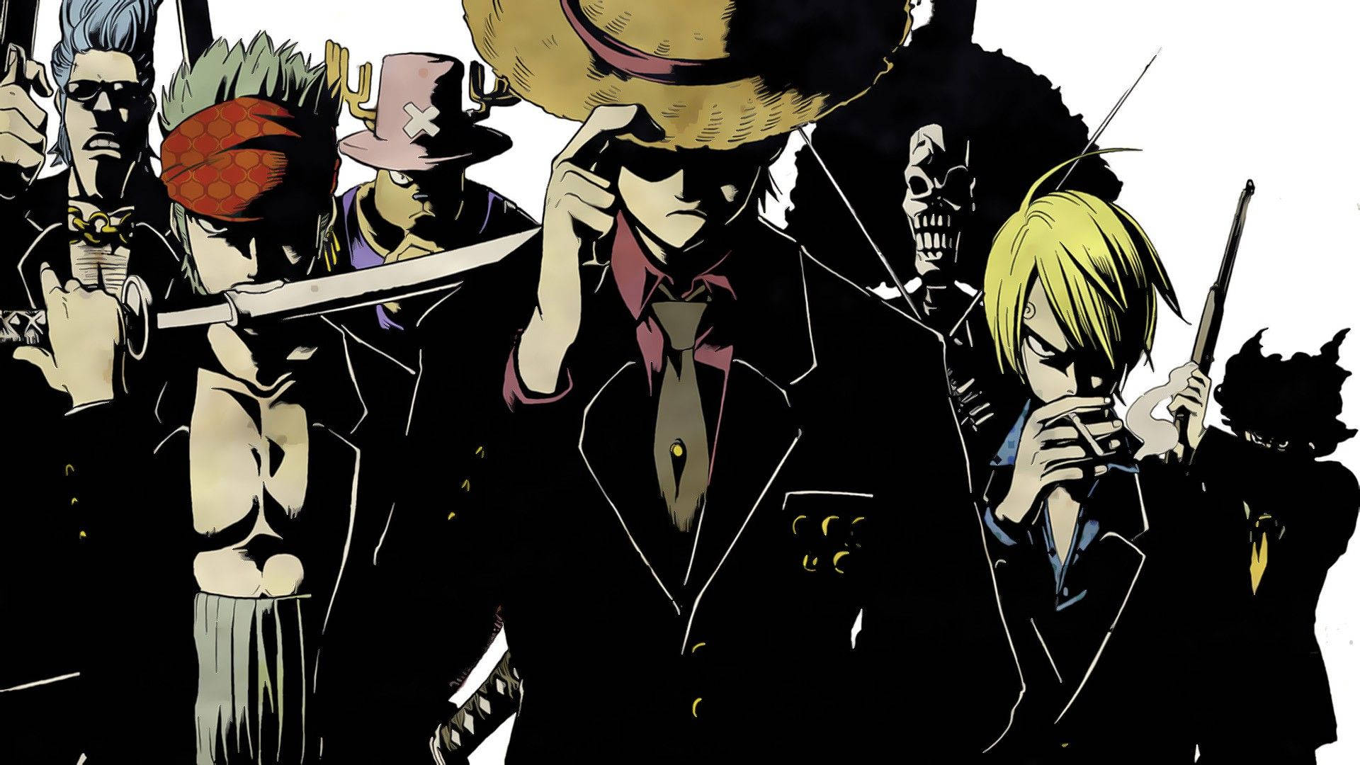 Чоловіча команда Солом'яного капелюха One Piece виглядає елегантно в чорних костюмах шпалери