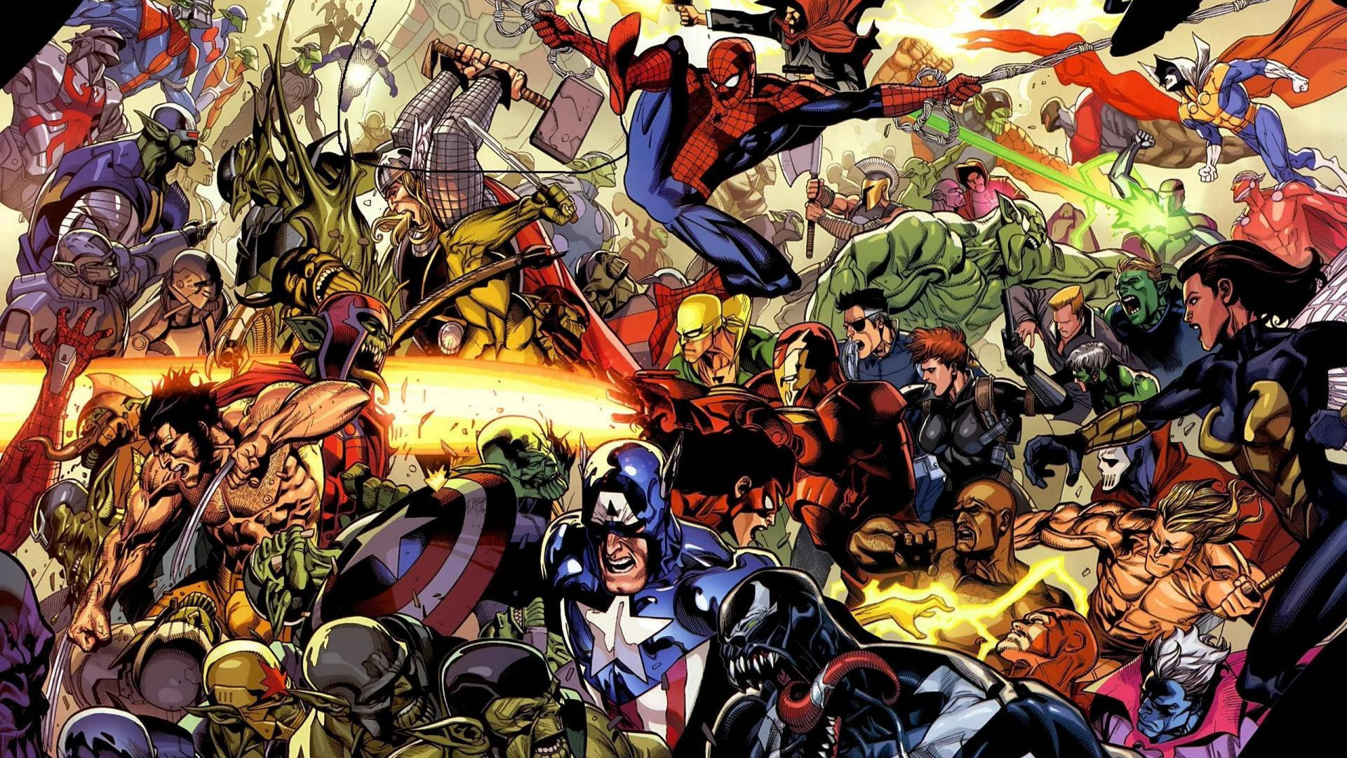Супергерої та лиходії Marvel на одному коміксному фоні.
