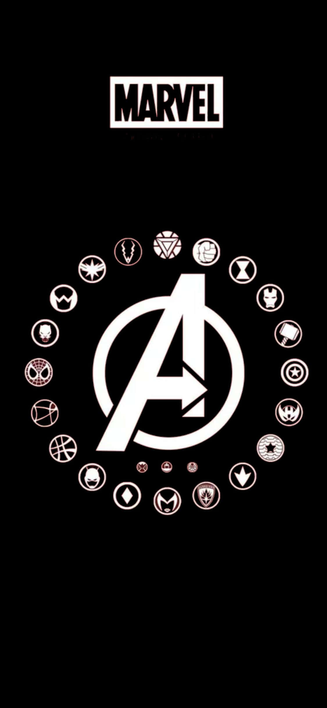 iPhone XS Avengers логотип фон с символами супергероев Шпалери