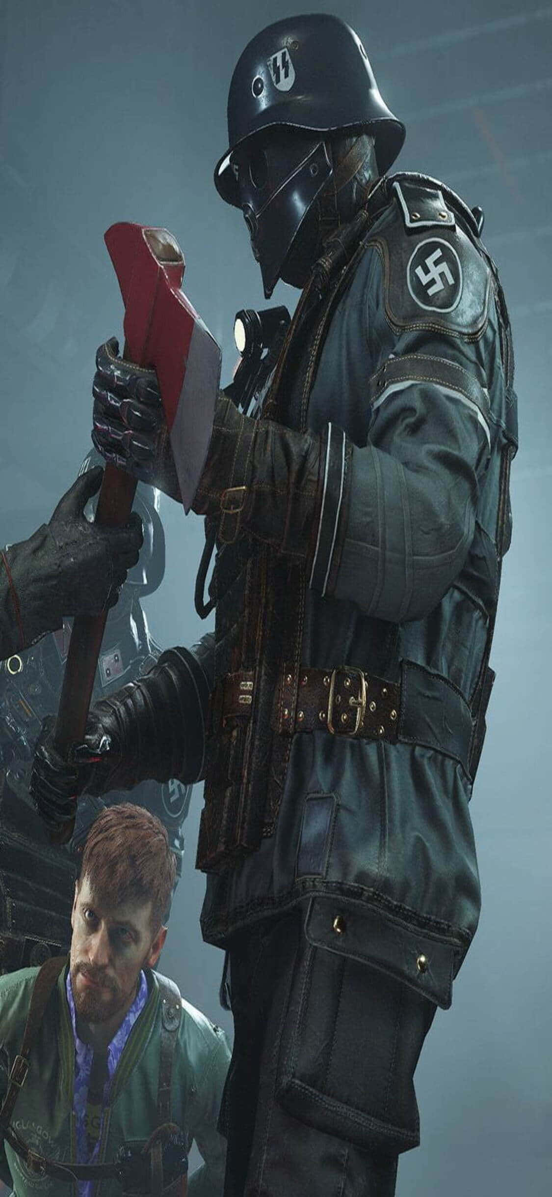 Фон iPhone Xs Wolfenstein II нацистский солдат с топором Шпалери