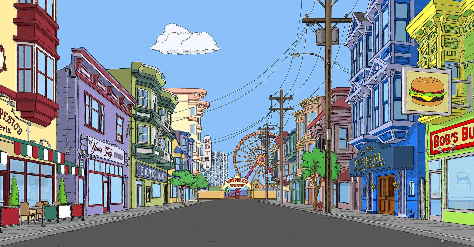 Фон вулиці Оушен-авеню з Бобовими Бургерами Шпалери