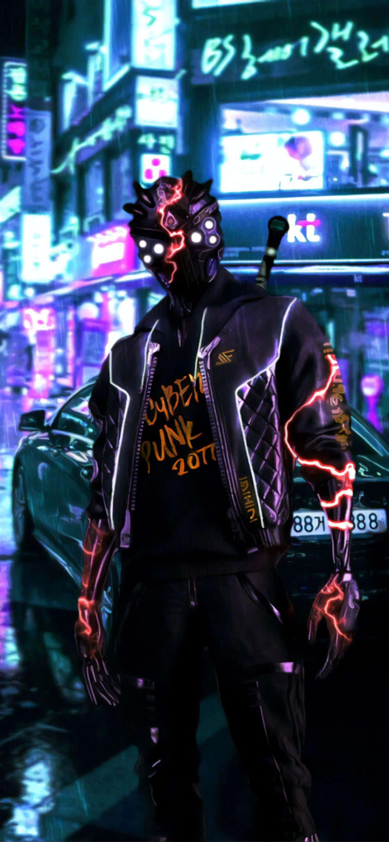 iPhone X Cyberpunk 2077 фон с черным киборгом Шпалери