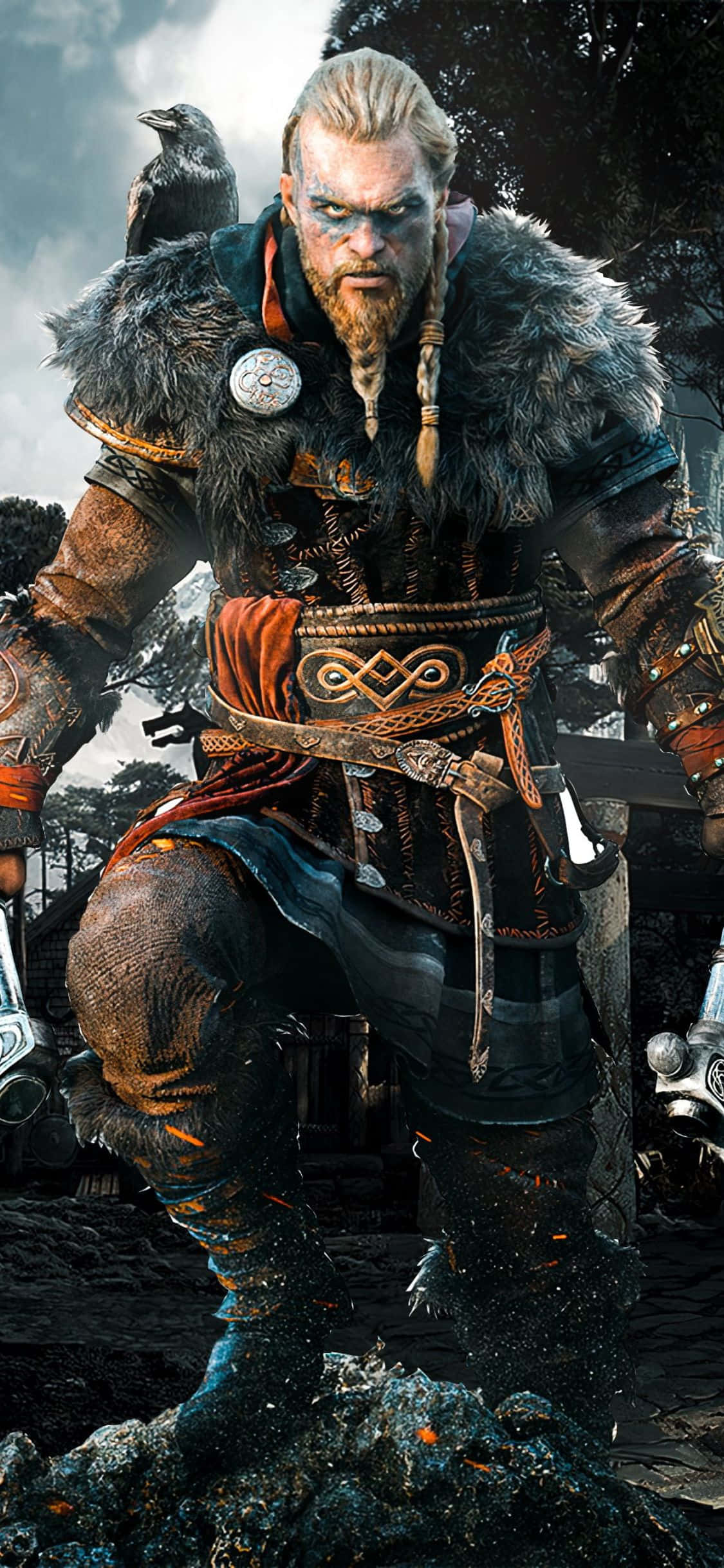 Фон для iPhone XS Assassin's Creed Valhalla с Эйвором, выходящим из моря Шпалери