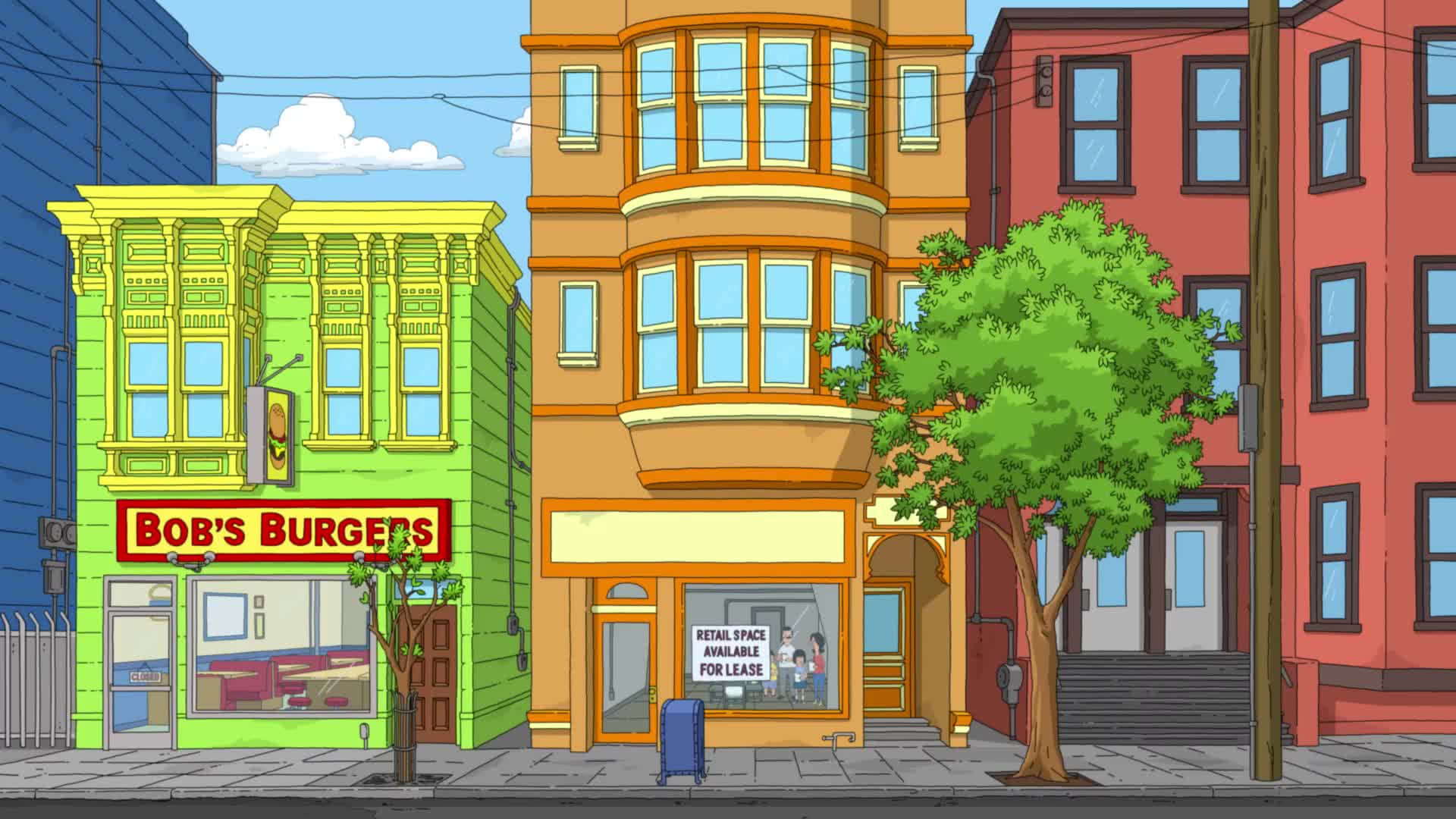 Фон ресторану Bob's Burgers біля сусіднього магазину Шпалери