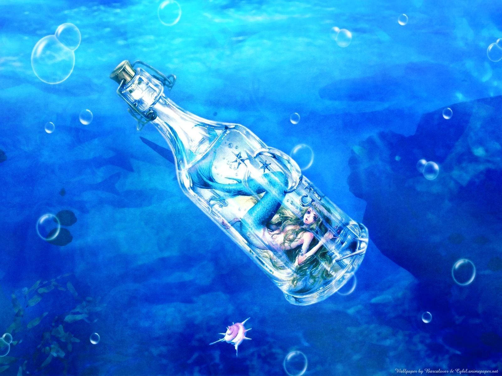 Русалка в пляшці, блакитний океан, шпалери, artwork.