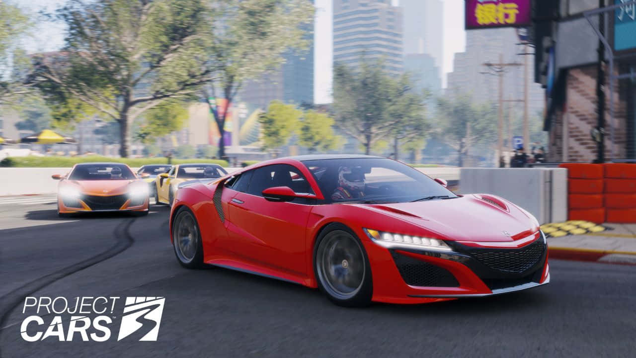Червоне авто серед дерев 720p фон Project Cars Шпалери