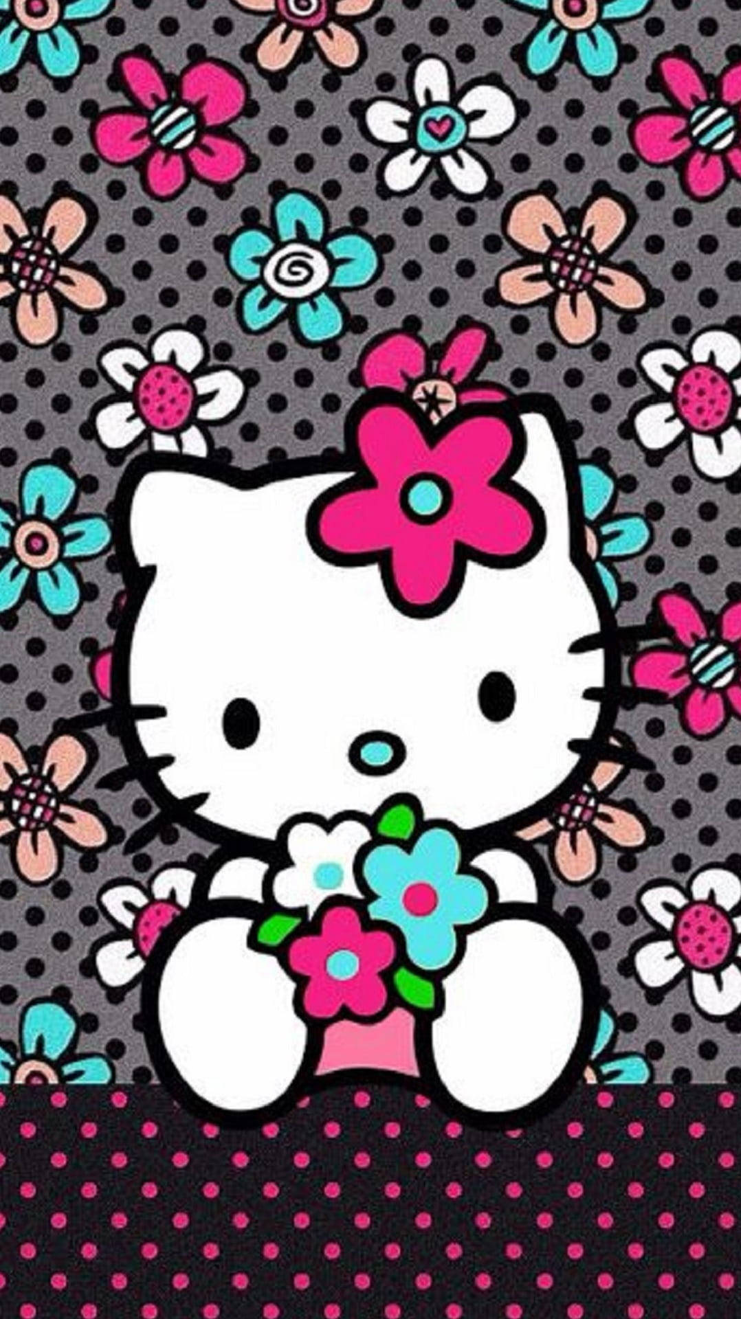Чорна Hello Kitty з квітами Шпалери